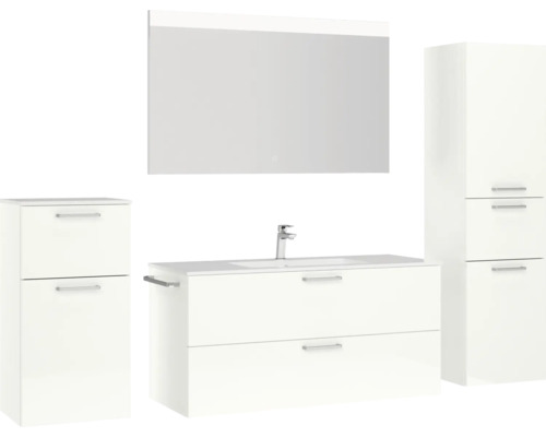 Ensemble de salle de bains avec meuble-lavabo, armoire de toilette et armoires hautes