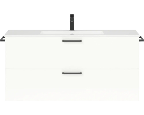Badmöbel-Set NOBILIA Programm 2 BxHxT 121 x 59,1 x 48,7 cm Frontfarbe weiß hochglanz mit Möbel-Waschtisch Griff schwarz 282 Waschtischunterschrank mit zwei Schubladen und Aufsatzwaschbecken