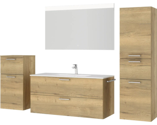 Ensemble de salle de bains avec meuble sous-lavabo, armoire de toilette et armoire haute décor bois