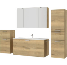 Badezimmergarnitur mit Waschtischunterschrank, Spiegelschrank und Hochschrank in Holzoptik