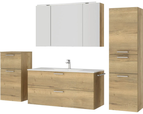 Badezimmergarnitur mit Waschtischunterschrank, Spiegelschrank und Hochschrank in Holzoptik