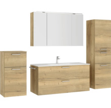 Badezimmermöbelset mit Waschbecken, Spiegelschrank und zwei Hochschränken in Holzoptik