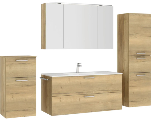 Badezimmermöbelset mit Waschbecken, Spiegelschrank und zwei Hochschränken in Holzoptik