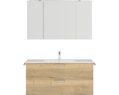 Set de meubles de salle de bains NOBILIA Programm 2 lxhxp 121 x 169,1 x 48,7 cm couleur de façade chêne naturel avec meuble à vasque et armoire de toilette à 3 portes avec éclairage LED poignée chrome mat 303 Ensemble de meubles-lavabos avec meuble sous-lavabo, lavabo et armoire de toilette
