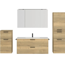 Set de meubles de salle de bains NOBILIA Programm 2 lxhxp 230 x 169,1 x 48,7 cm couleur de façade chêne naturel avec meuble à vasque et armoire de toilette à 3 portes avec éclairage LED meuble bas armoire midi poignée noir 318