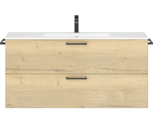 Badmöbel-Set NOBILIA Programm 2 BxHxT 121 x 59,1 x 48,7 cm Frontfarbe eiche natur mit Möbel-Waschtisch weiß Griff schwarz 286 Waschtischunterschrank mit zwei Schubladen und Aufsatzwaschbecken