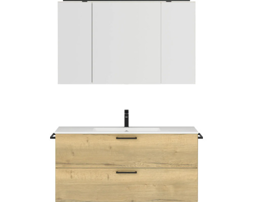 Badmöbel-Set NOBILIA Programm 2 BxHxT 121 x 169,1 x 48,7 cm Frontfarbe eiche natur mit Möbel-Waschtisch und Spiegelschrank 3-türig mit LED-Beleuchtung Griff schwarz 302 Waschtisch mit zwei Schubladen, Aufsatzwaschbecken und Spiegelschrank
