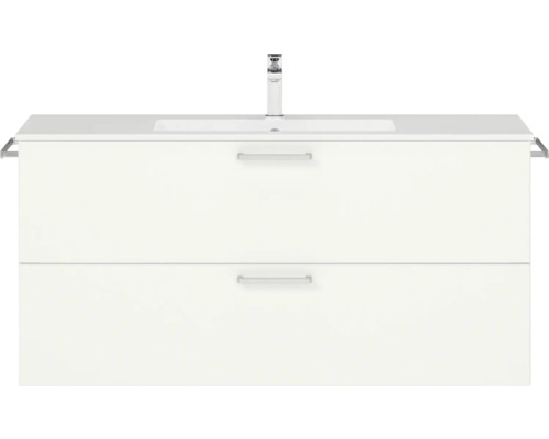 Badmöbel-Set NOBILIA Programm 2 BxHxT 121 x 59,1 x 48,7 cm Frontfarbe weiß matt mit Möbel-Waschtisch Griff chrom matt 281 Waschtischunterschrank mit zwei Schubladen, Waschbecken und Armatur