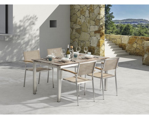 Ensemble de meubles de jardin Skye acier inoxydable 5 pièces beige Table de jardin dressée avec six chaises sur une terrasse
