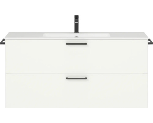 Badmöbel-Set NOBILIA Programm 2 BxHxT 121 x 59,1 x 48,7 cm Frontfarbe weiß matt mit Möbel-Waschtisch Griff schwarz 280 Waschbeckenunterschrank mit zwei Schubladen, Waschtisch und Armatur