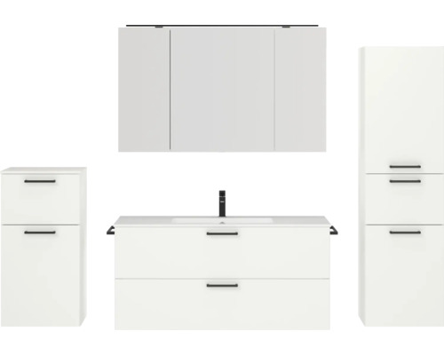 Badmöbel-Set NOBILIA Programm 2 BxHxT 230 x 169,1 x 48,7 cm Frontfarbe weiß matt mit Möbel-Waschtisch und Spiegelschrank 3-türig mit LED-Beleuchtung Unterschrank Midischrank Griff schwarz 312 Modernes Badezimmer-Set mit Waschbeckenunterschrank, Waschtisch, Spiegelschrank und Hochschrank