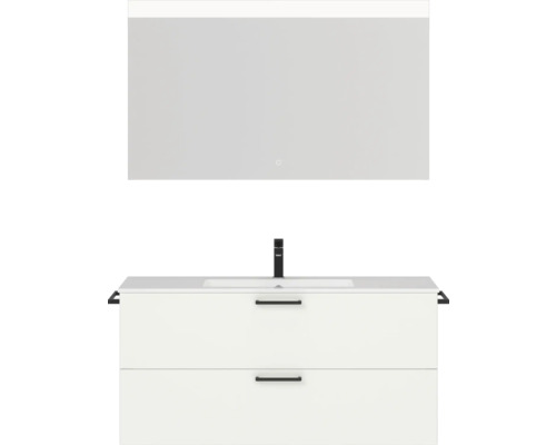 Badmöbel-Set NOBILIA Programm 2 BxHxT 121 x 169,1 x 48,7 cm Frontfarbe weiß matt mit Möbel-Waschtisch weiß und Spiegel mit LED-Beleuchtung Griff schwarz 288 Badezimmermöbelset mit Waschbecken, Unterschrank mit zwei Schubladen und Spiegel