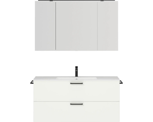 Badmöbel-Set NOBILIA Programm 2 BxHxT 121 x 169,1 x 48,7 cm Frontfarbe weiß matt mit Möbel-Waschtisch und Spiegelschrank 3-türig mit LED-Beleuchtung Griff schwarz 296 Badmöbelset mit Waschbecken, Unterschrank mit zwei Schubladen und Spiegelschrank