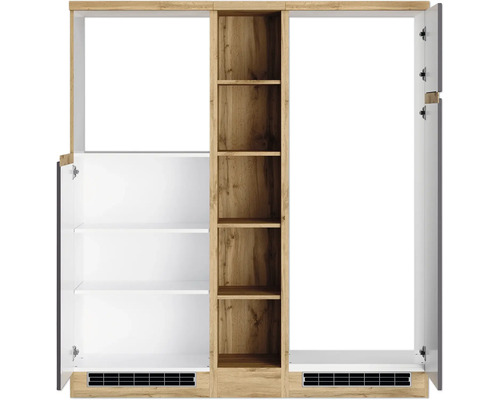 Armoire ouverte avec étagères et compartiments aspect bois