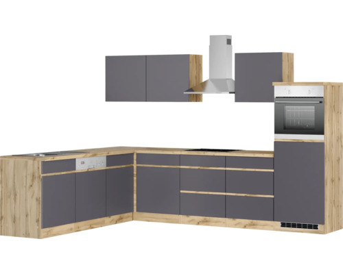 Komplette Küchenzeile mit Hängeschränken, Dunstabzugshaube und Einbaubackofen