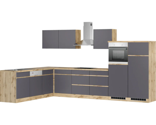 Moderne Eckküche mit Dunstabzugshaube und Backofen