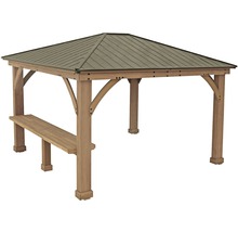 Holzpavillon mit Metalldach und integrierter Sitzbank