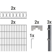 Composants pour une clôture : deux panneaux grillagés, deux éléments décoratifs, deux supports, une clé Allen et trois poteaux