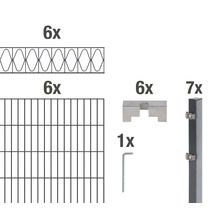 Composants d''un système de clôture : six panneaux à double fil, six couvercles profilés, six équerres de raccordement de clôture, sept poteaux de clôture et une clé Allen