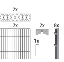 Composants d''un kit de clôture : sept grilles décoratives, sept éléments de clôture, sept supports, huit poteaux et une clé.