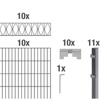 Éléments de clôture et accessoires : dix barres de remplissage, dix tapis grillagés, dix couvercles, une clé Allen et onze poteaux