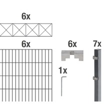 Éléments d''un système de clôture : six panneaux de treillis, six éléments décoratifs, six supports de clôture, un outil de montage et sept poteaux de clôture