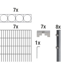 Éléments d''un kit de clôture : sept panneaux de clôture, sept couvre-joints, sept supports, huit poteaux et une clé