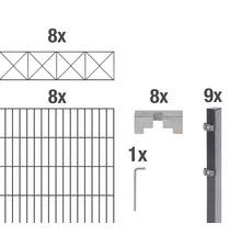 Composants d''un système de clôture : huit éléments de clôture à motif croisé, huit éléments de clôture à lignes verticales et horizontales, huit supports, neuf poteaux et une clé Allen.