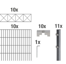 Composants d''un kit de clôture : panneaux de clôture, tapis grillagés, supports, poteaux et clé Allen.