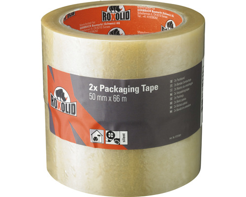 Packaging Tape ROXOLID ruban d'emballage transparent 2x 50 mm x 66 m Deux rouleaux de ruban adhésif d''emballage, 50 millimètres sur 66 mètres