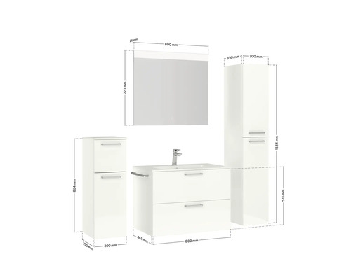 Abmessungen eines weißen Badezimmerensembles mit Waschtisch, Spiegelschrank und Hochschränken