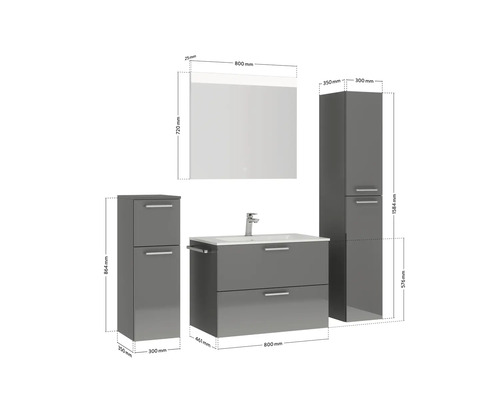 Badezimmermöbelset mit Waschtisch, Spiegelschrank und Hochschränken mit Maßangaben