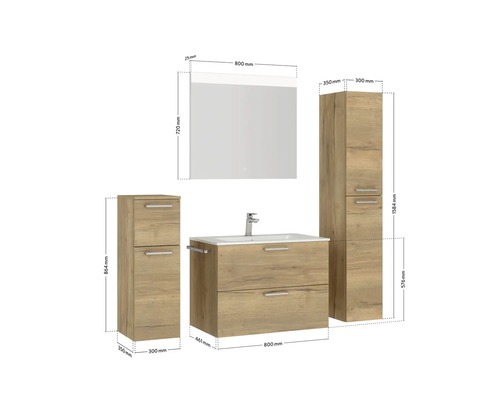 Ensemble de meubles de salle de bains avec meuble sous-lavabo, armoire de toilette et armoires hautes avec dimensions