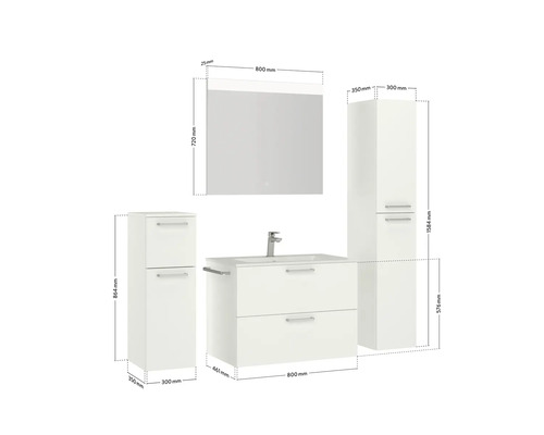 Ensemble de meubles de salle de bains avec lavabo, armoire de toilette et armoires hautes avec dimensions