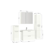 Abbildung eines weißen Badezimmermöbel-Sets mit Waschtischunterschrank, Spiegelschrank und Hochschrank mit Abmessungen