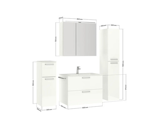 Abbildung eines weißen Badezimmermöbel-Sets mit Waschtischunterschrank, Spiegelschrank und Hochschrank mit Abmessungen