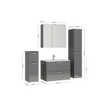 Badezimmer Set mit Waschbeckenunterschrank, Spiegelschrank und zwei Hochschränken mit den jeweiligen Maßen.