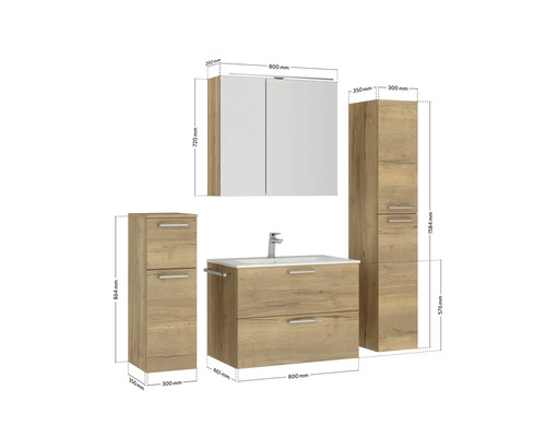 Badezimmer Set mit Waschtisch, Spiegelschrank und Hochschränken mit Maßangaben