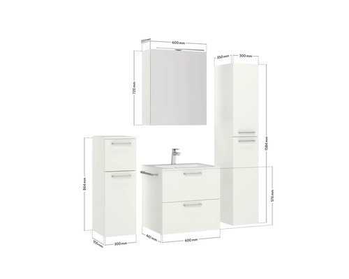 Badezimmermöbel-Set mit Waschtischunterschrank, Spiegelschrank und Hochschränken mit Maßangaben