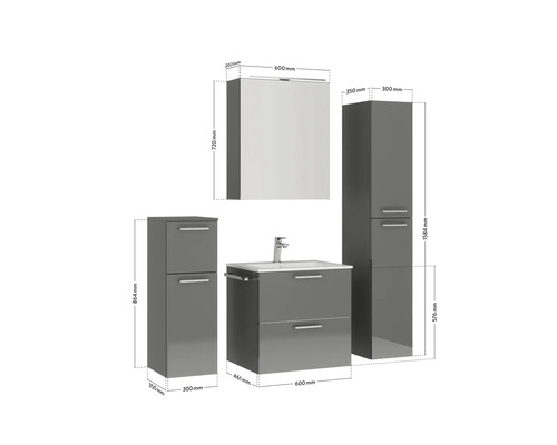 Badezimmer Möbelset mit Waschtisch, Spiegelschrank und Hochschränken mit Maßangaben