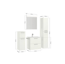 Badezimmerensemble mit Waschtischunterschrank, Waschbecken, Spiegelschrank und zwei Hochschränken mit Maßangaben