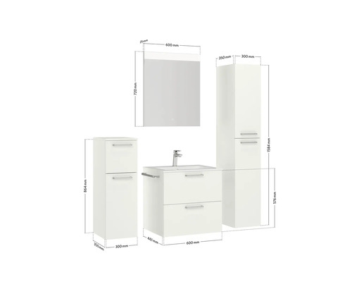 Ensemble de salle de bains avec meuble sous-vasque, lavabo, armoire de toilette et deux armoires hautes avec dimensions