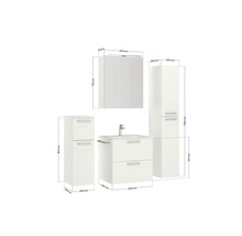 Badezimmermöbelset mit Waschtischunterschrank, Spiegelschrank und Hochschränken mit Maßangaben