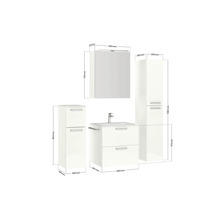Abbildung eines Badezimmersets mit Waschtischunterschrank, Waschbecken, Spiegelschrank und zwei Hochschränken mit Maßangaben.