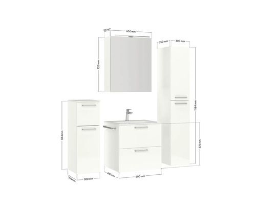 Abbildung eines Badezimmersets mit Waschtischunterschrank, Waschbecken, Spiegelschrank und zwei Hochschränken mit Maßangaben.