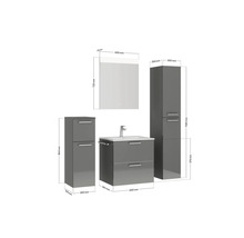 Ensemble de salle de bains avec meuble sous-lavabo, lavabo, armoire de toilette et armoire haute avec dimensions