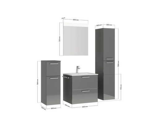 Ensemble de salle de bains avec meuble sous-lavabo, lavabo, armoire de toilette et armoire haute avec dimensions