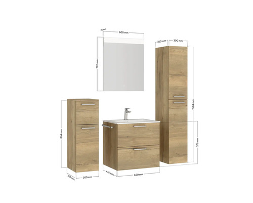 Badezimmer Set mit Waschtischunterschrank, Waschbecken, Spiegelschrank und zwei Hochschränken mit Maßangaben