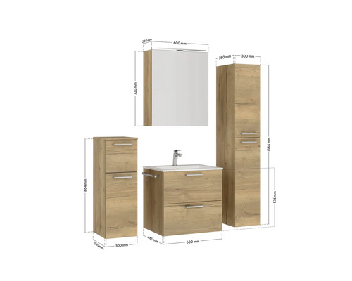Badezimmer-Set mit Waschtisch, Spiegelschrank und zwei Hochschränken inklusive Maßangaben