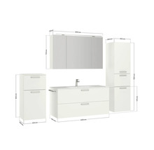Badezimmer Set mit Waschtisch, Spiegelschrank und Hochschränken mit Maßangaben